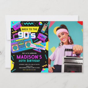 Invitación De vuelta a los 90 Modern Retro Neon Foto Cumpleañ