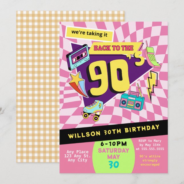 Invitación De vuelta a los 90's Modern Retro Neon 30 cumpleañ (Anverso / Reverso)