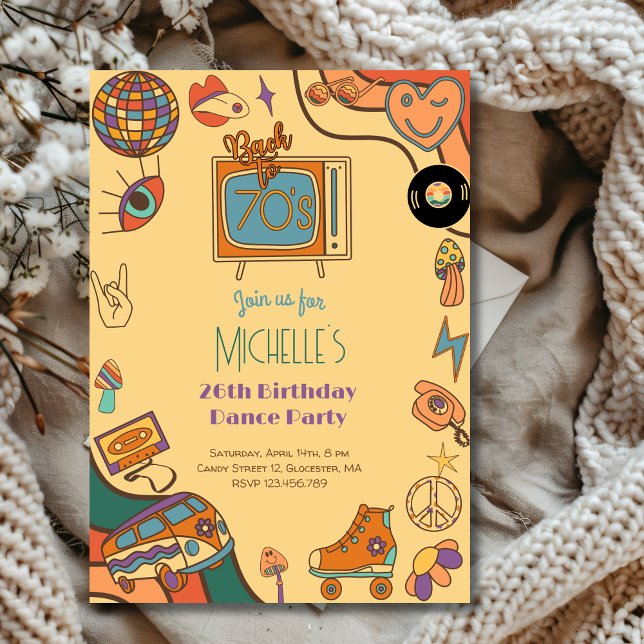 Invitación De vuelta al cumpleaños retro groovy de los años 7 (Subido por el creador)