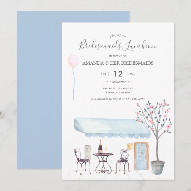 Invitación de Watercolor Paris Bridal Luncheon (Anverso / Reverso)