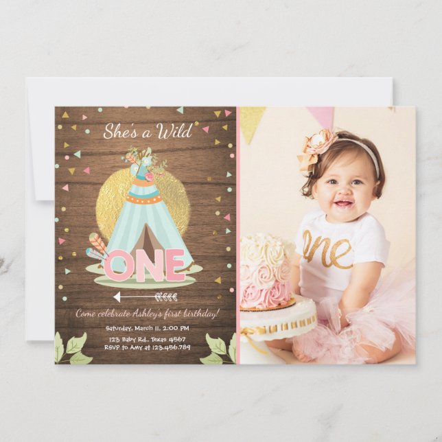 Invitación de Wild One cumpleaños Teepee Boho Chic (Anverso)