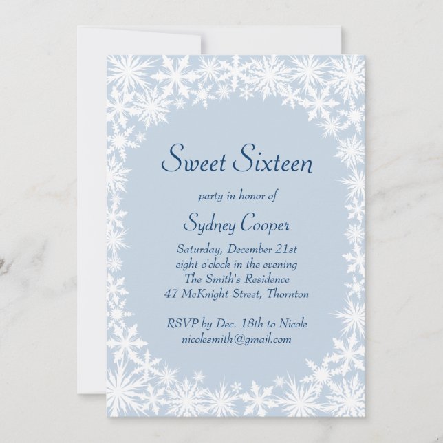 Invitación de Winter Lace Icy Blue Sweet Dieciséis (Anverso)