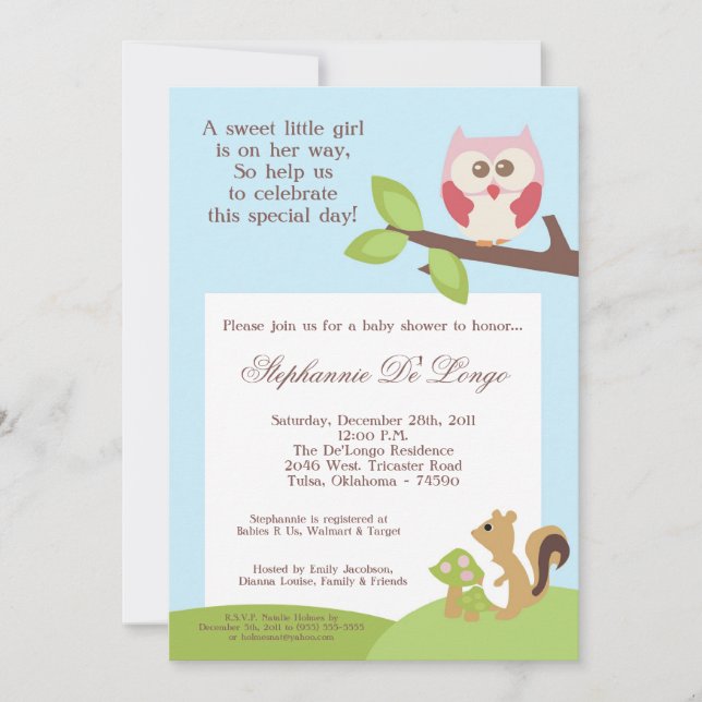 Invitación de Woodla Baby Shower del chica del (Anverso)