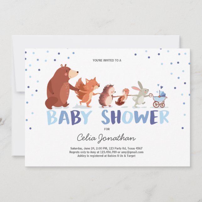 Invitación de Woodland Baby Shower Boy Forest Anim (Anverso)