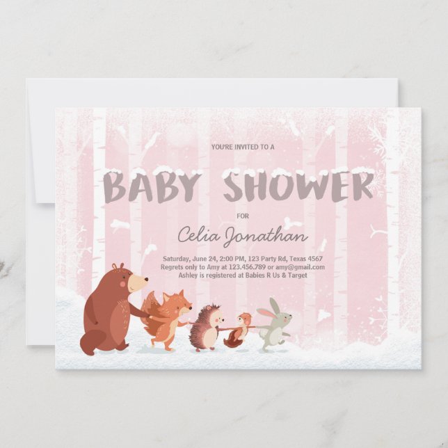 Invitación de Woodland Baby Shower Nieve de invier (Anverso)