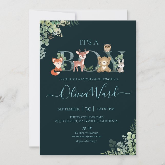 Invitación de Woodland Greenery Baby Shower Boy (Anverso)