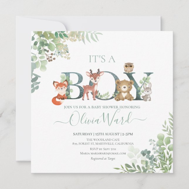 Invitación de Woodland Greenery Baby Shower Boy (Anverso)