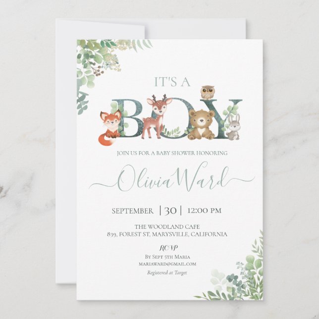 Invitación de Woodland Greenery Baby Shower Boy (Anverso)