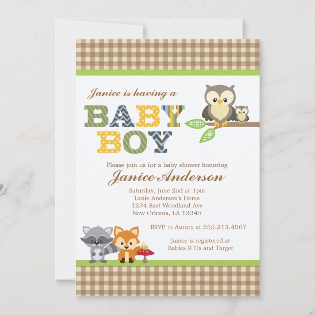 Invitación de Woodland Owl a Baby Shower Boy (Anverso)