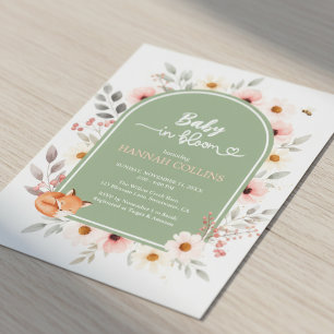 Invitación de zorro para baby shower floral en ver