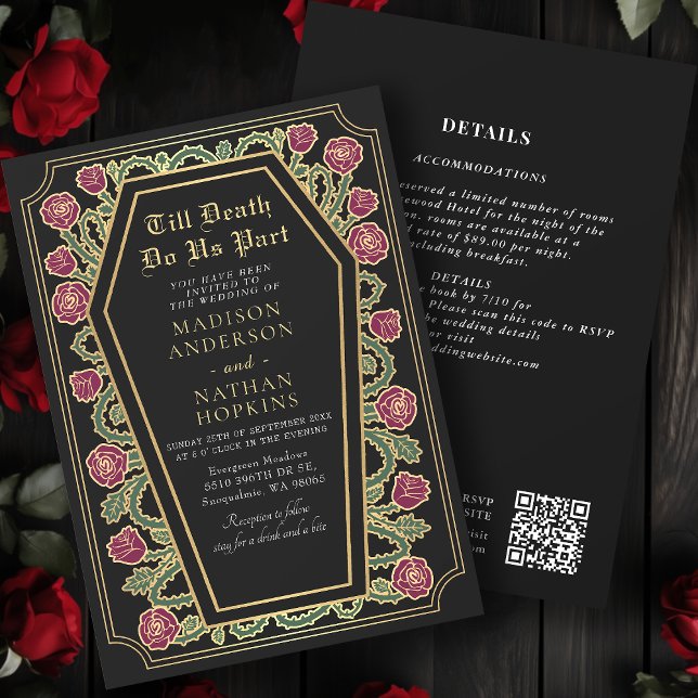 Invitación Death Do Us Part Gold Black Gothal Boda QR Code (Subido por el creador)