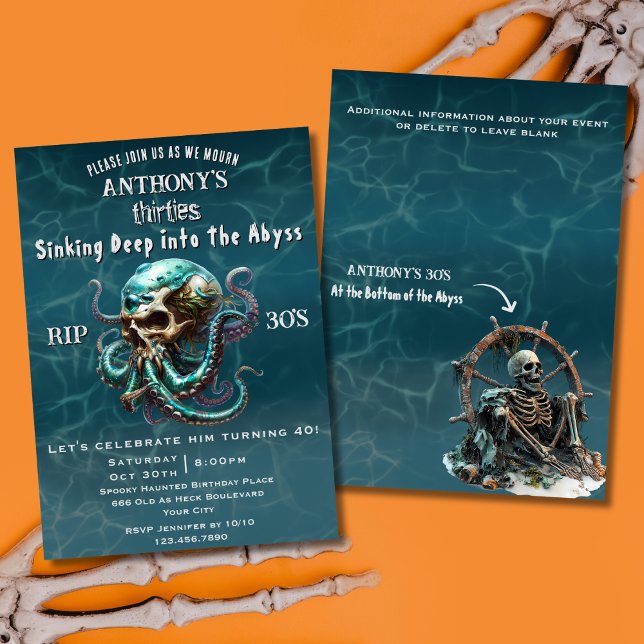 Invitación Death to My Youth Skull Kraken 40 Birthday Fiesta (Subido por el creador)