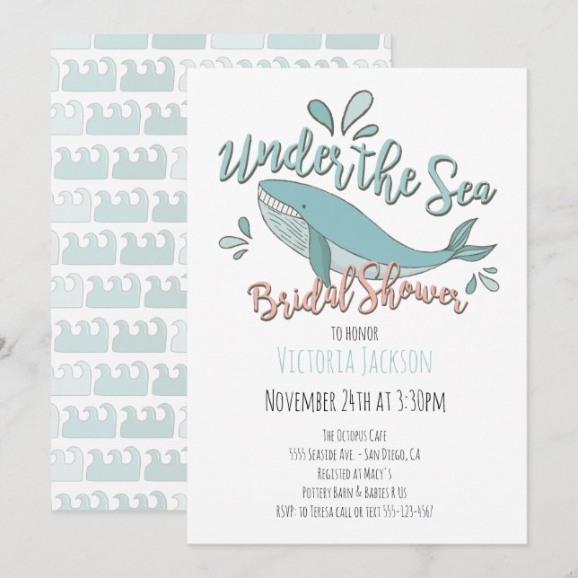 Invitación Debajo de la ducha de novias de ballena marina (Anverso / Reverso)