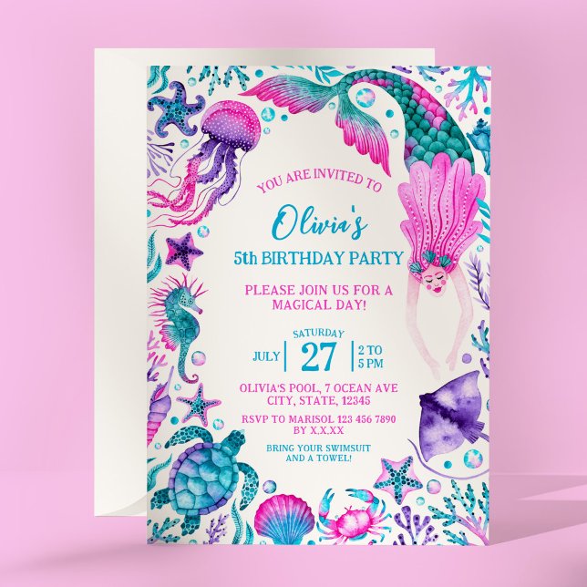 Invitación Debajo de la fiesta de cumpleaños de la sirena acu (Under the Sea Watercolor Mermaid Birthday Party Invitation)