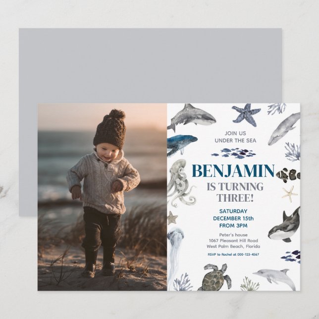 Invitación Debajo de la fiesta de cumpleaños de Sea Boy Photo (Anverso / Reverso)