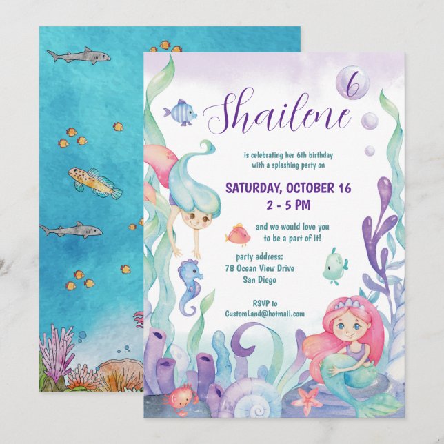 Invitación Debajo De La Fiesta Del Cumpleaños De La Sirena De (Anverso / Reverso)