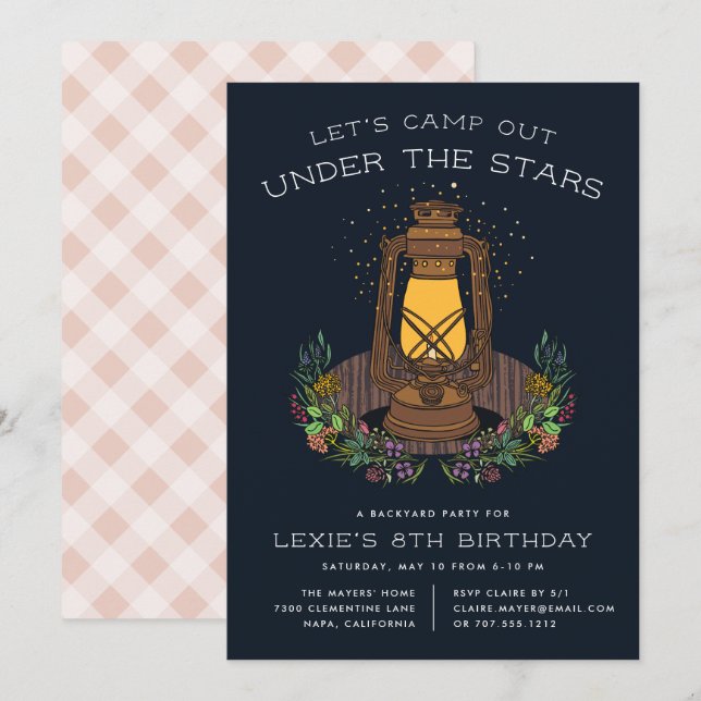 Invitación Debajo de las estrellas | Camping Cumpleaños Party (Anverso / Reverso)