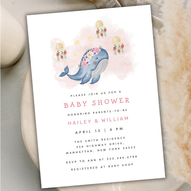 Invitación Debajo De Ver El Dulce Baby Shower Floral De Balle (Under The See Sweet Whale Floral Baby Shower Invitation)