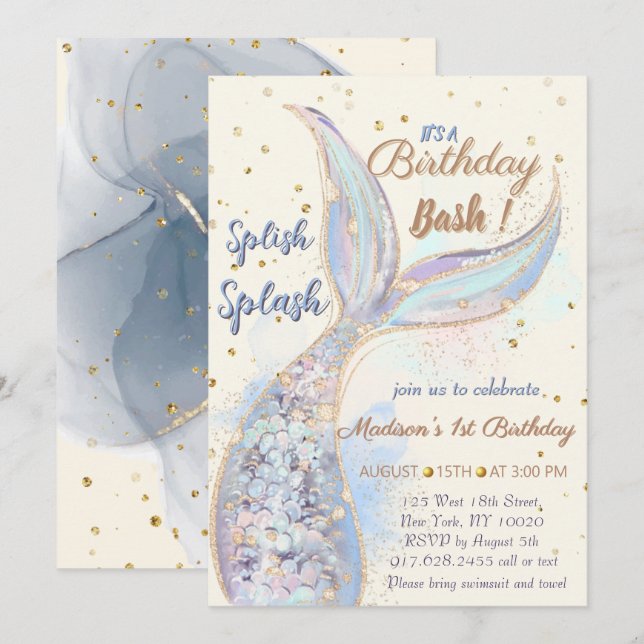Invitación Debajo del cumpleaños de la sirena marina (Anverso / Reverso)