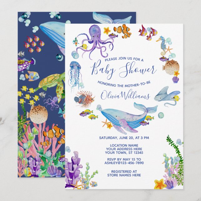 Invitación Debajo del guión de Baby Shower de Sea Ocean Anima (Anverso / Reverso)