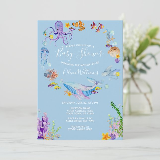 Invitación Debajo del guión de Baby Shower de Sea Ocean Anima (Anverso de pie)