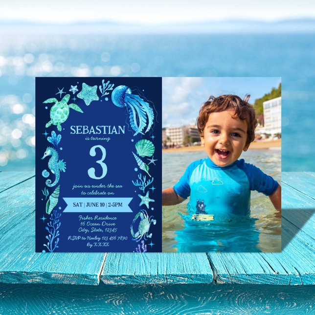 Invitación Debajo del mar acuarela Jellyfish Sea horse Photo (Under The Sea Watercolor Jellyfish Sea horse Photo Invitation)
