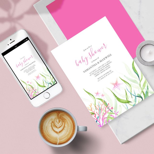 Invitación Debajo del mar, Baby Shower rosa y verde (Baby Shower Invitation Under The Sea Pink and Green )