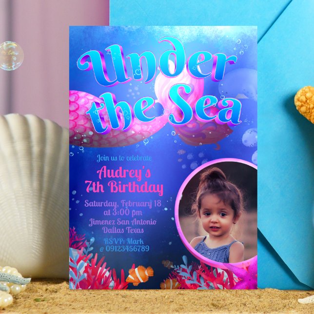 Invitación Debajo del mar con foto (Under the Sea - Mermaid Girl  Invitation with Photo)
