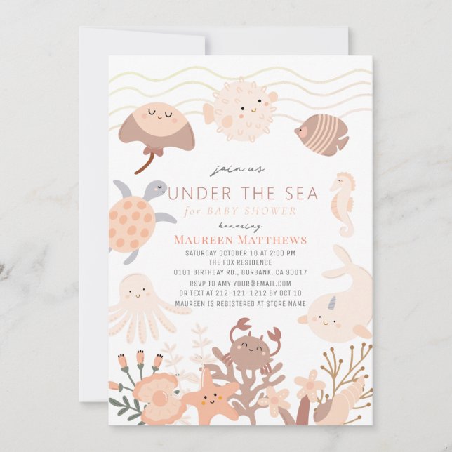 Invitación Debajo del mar Criaturas Baby Shower de Boho Rosa (Anverso)