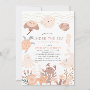 Invitación Debajo del mar Criaturas Baby Shower de Boho Rosa