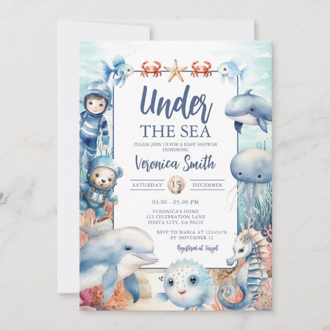 Invitación Debajo del mar Criaturas Vida marina Baby Shower (Anverso)