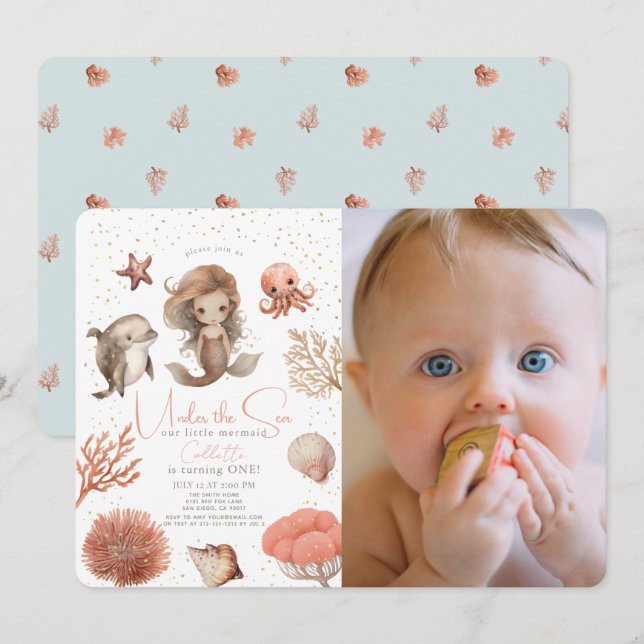 Invitación Debajo del mar de sirena foto de primer cumpleaños (Anverso / Reverso)