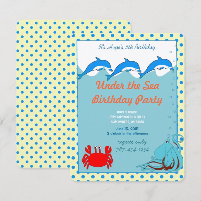 Invitación Debajo del mar Dolphin Octopus Partido de Cumpleañ (Anverso / Reverso)
