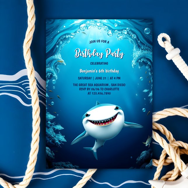 Invitación Debajo del mar, fiesta de cumpleaños del tiburón i (Under The Sea Kids Shark Birthday Party Invitation)