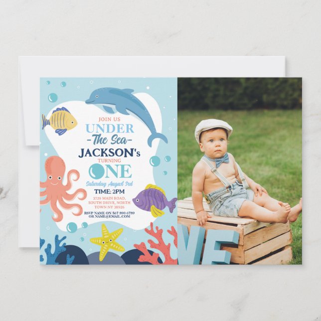 Invitación Debajo del mar Foto Delfín Octopus UNO 1º (Anverso)