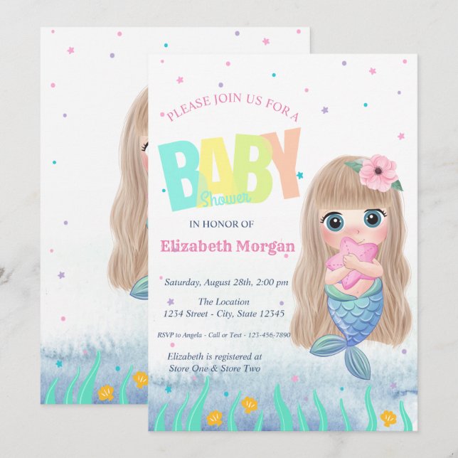 Invitación Debajo Del Mar, Mermaid Seashell Baby Shower (Anverso / Reverso)