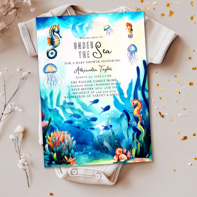 Invitación Debajo del mar Seahorse Jellyfish Cute Baby Shower (Subido por el creador)
