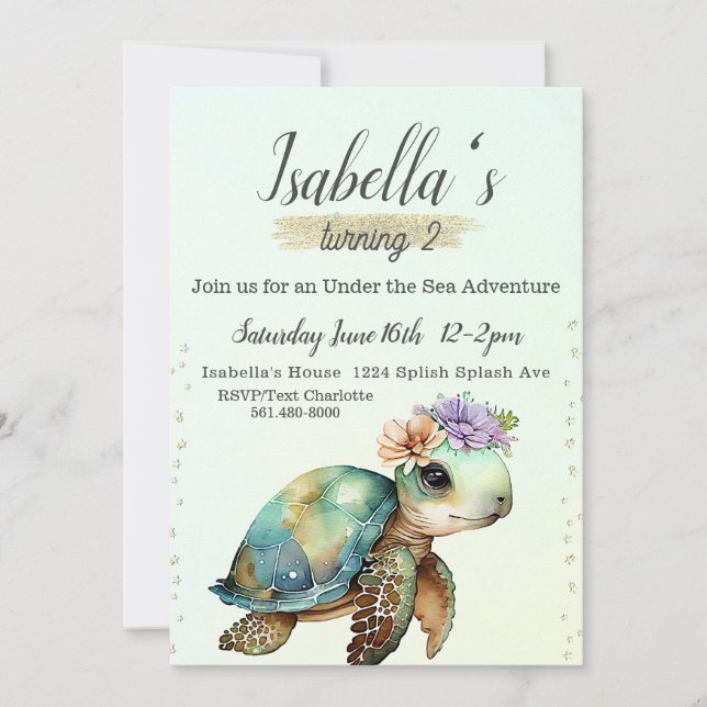 Invitación Debajo del mar, Segundo Cumpleaños de la Tortuga, (Anverso)