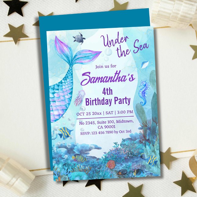 Invitación Debajo del mar, sirena azul y púrpura cuarto cumpl (Subido por el creador)