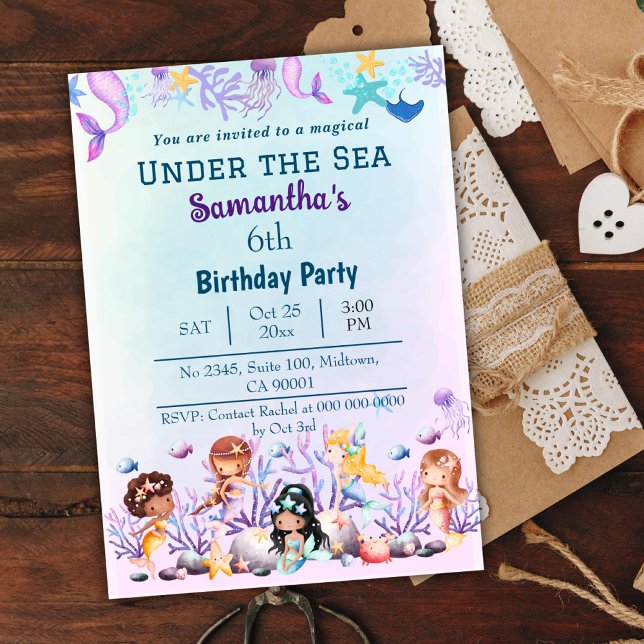 Invitación Debajo del mar sirena niños lindos azul 6º cumplea (Subido por el creador)