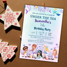 Invitación Debajo del mar sirena niños lindos azul 7 cumpleañ