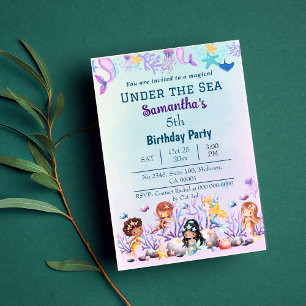 Invitación Debajo del mar sirena temática azul 5 cumpleaños