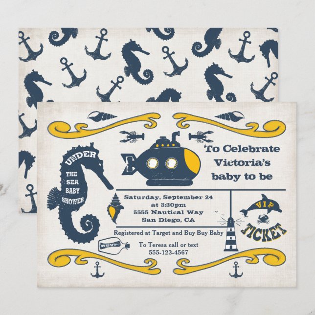 Invitación Debajo del mar Ticket Nautical Baby Shower (Anverso / Reverso)