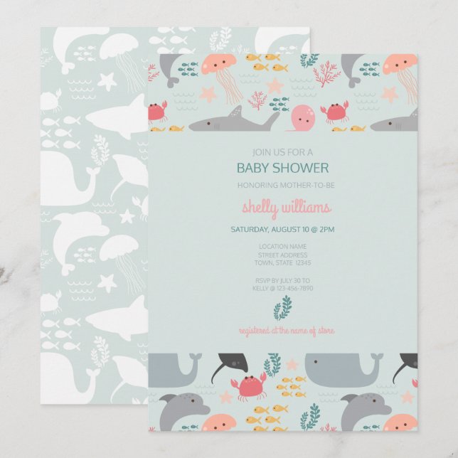 Invitación Debajo Del Patrón De Amigos Del Mar (Anverso / Reverso)