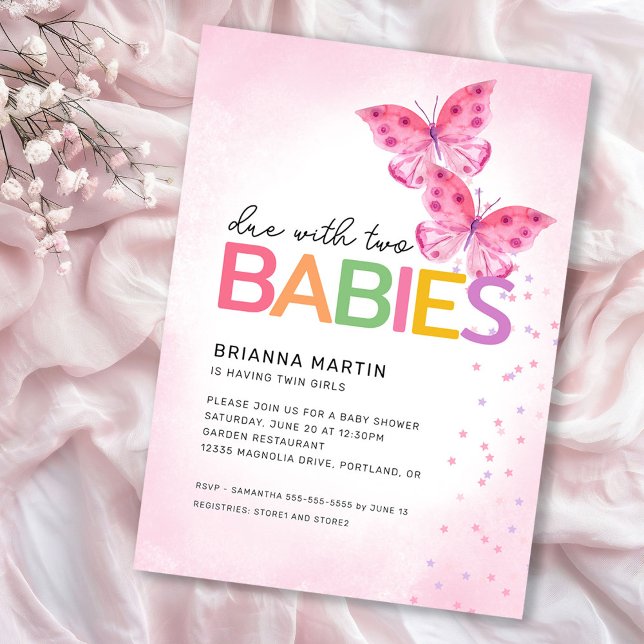 Invitación Debido a dos mariposas rosas gemelas Baby Shower (Subido por el creador)