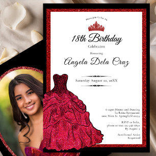 Invitación Debut de cumpleaños 18 con vestido rojo y tiara