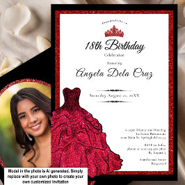 Invitación Debut de cumpleaños 18 con vestido rojo y tiara