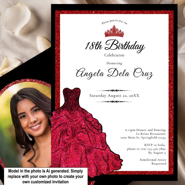Invitación Debut de cumpleaños 18 con vestido rojo y tiara (Subido por el creador)