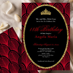 Invitación Debut de cumpleaños número 18 con arte rojo deco