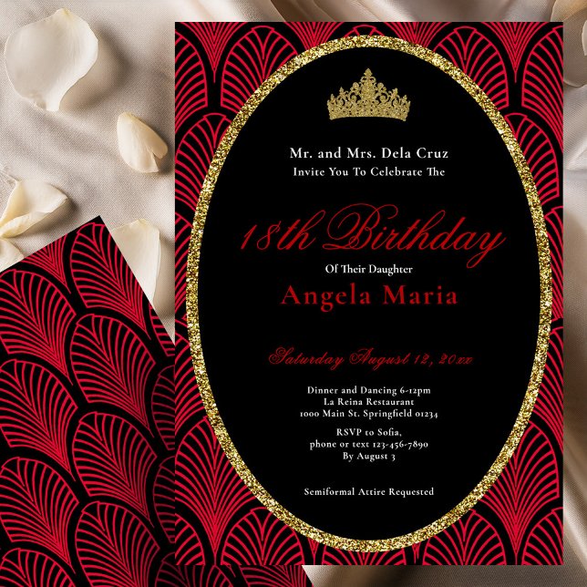 Invitación Debut de cumpleaños número 18 con arte rojo deco (Subido por el creador)
